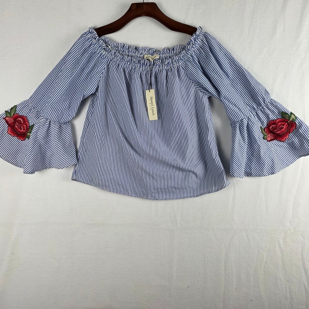 Speed Limit MPH Women's Striped Off Shoulder Floral Embroidered Top Size L NWT